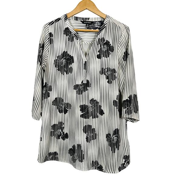 Ellen Tracy Stripe Hibiscus Print Tunic Top 3/4 Sleeve Open V Neck Casual - M - Picture 1 of 4